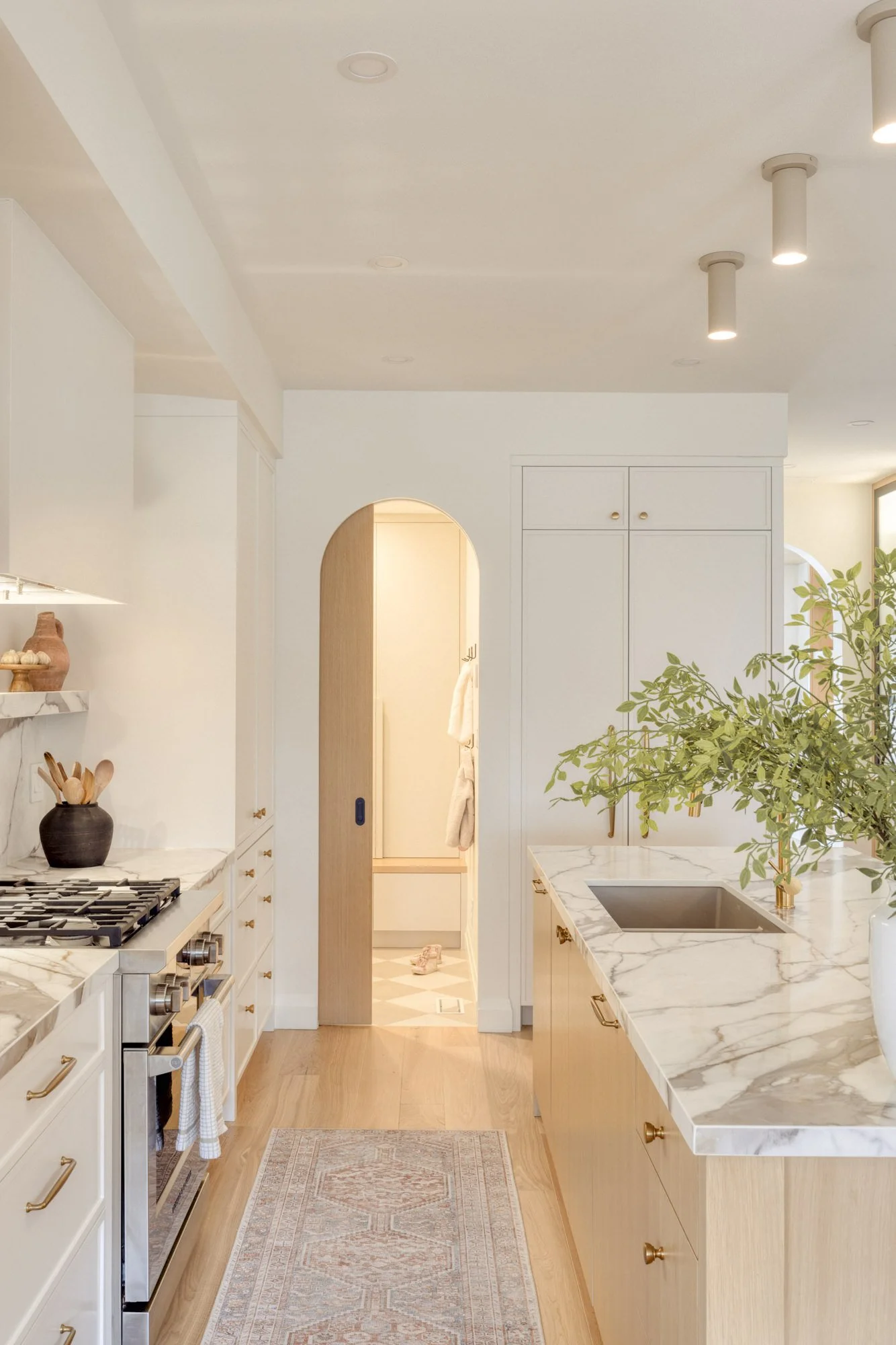 A modern kitchen with white cabinets, a marble countertop, and a gift plant on the island. Visible doorway to a small room with wooden sliding door and towels hanging on hooks.