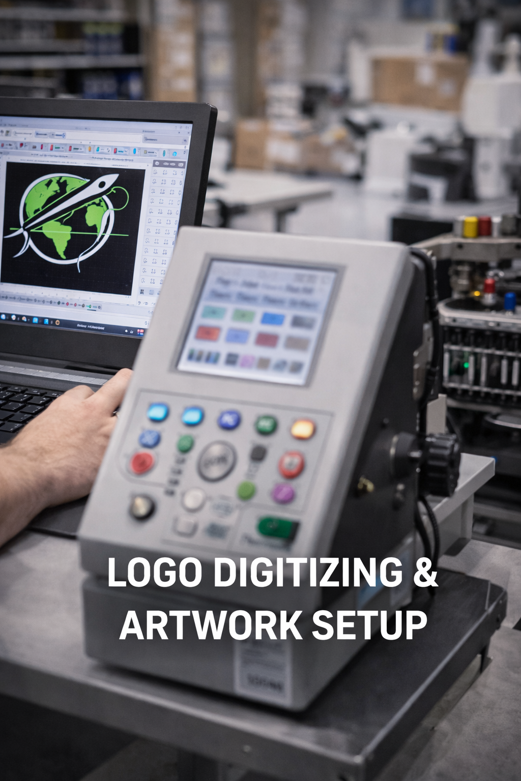 A screen displaying a logo of a globe with a stylized fish, in the process of being digitized and set up for artwork.