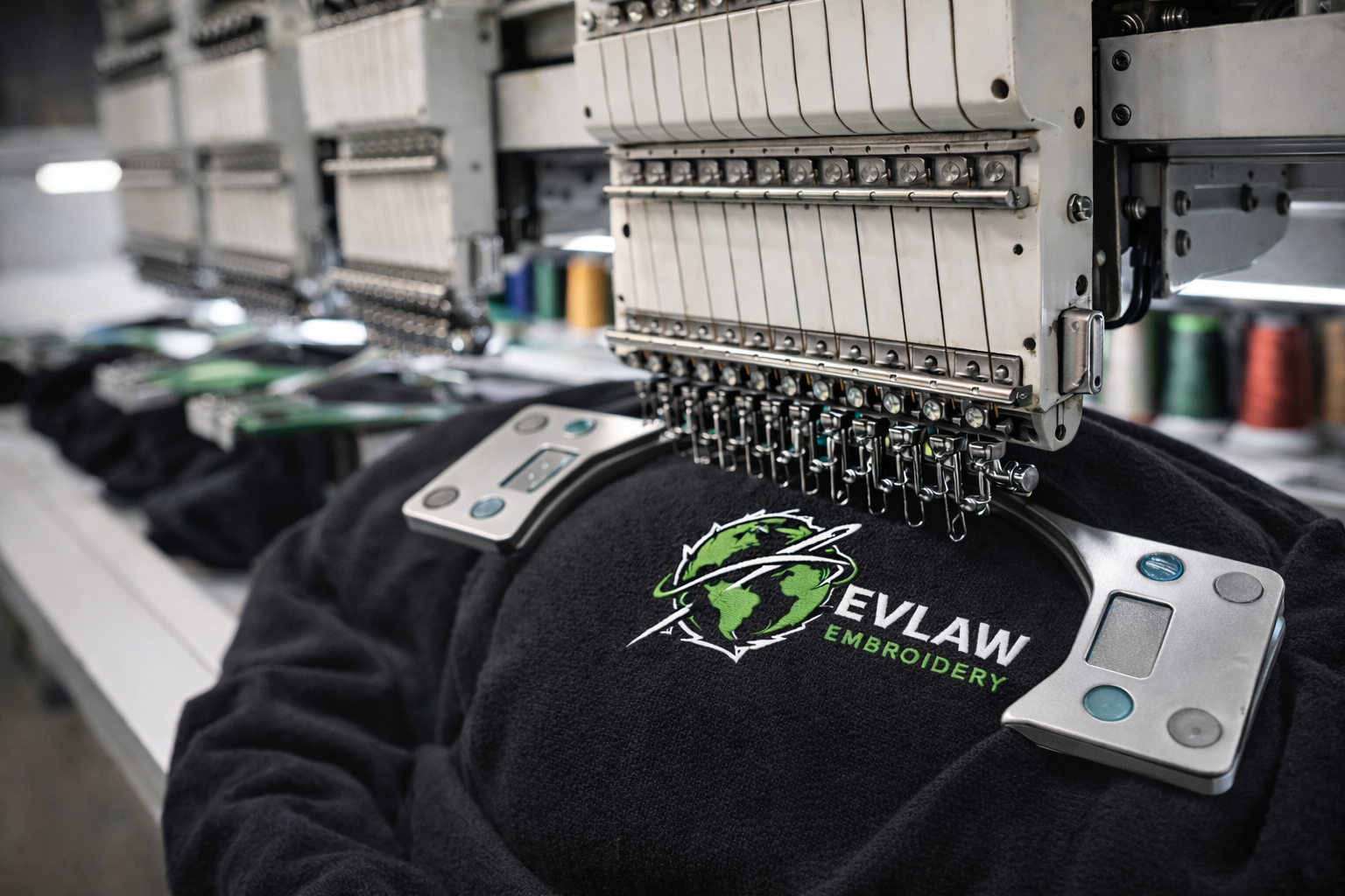 Industrial embroidery machine stitching a logo onto a black fabric, with colorful spools of thread in the background.