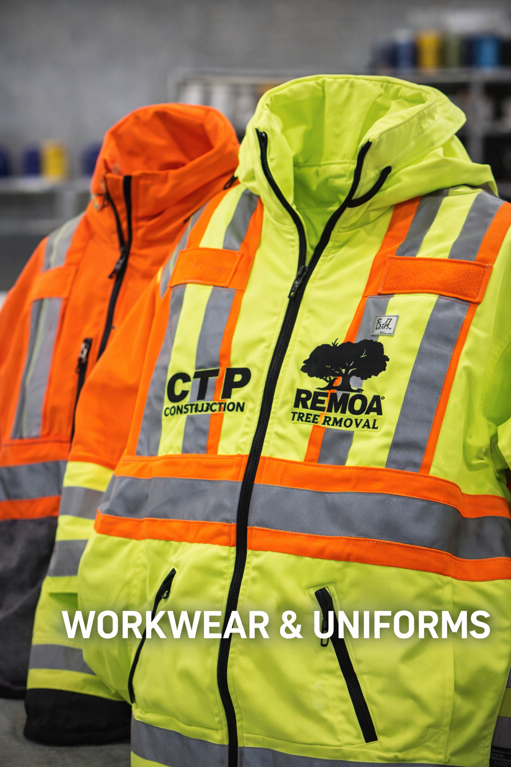 High-visibility work jackets, one yellow and one orange, with reflective stripes, displayed on mannequins, with company logos for tree removal and construction.