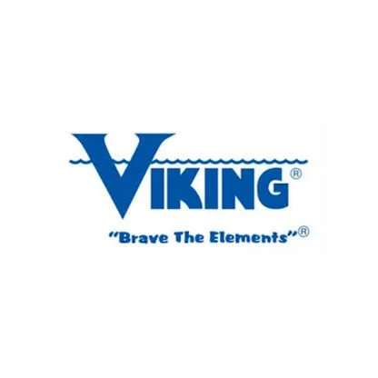 Viking logo with the slogan "Brave The Elements" in blue text.