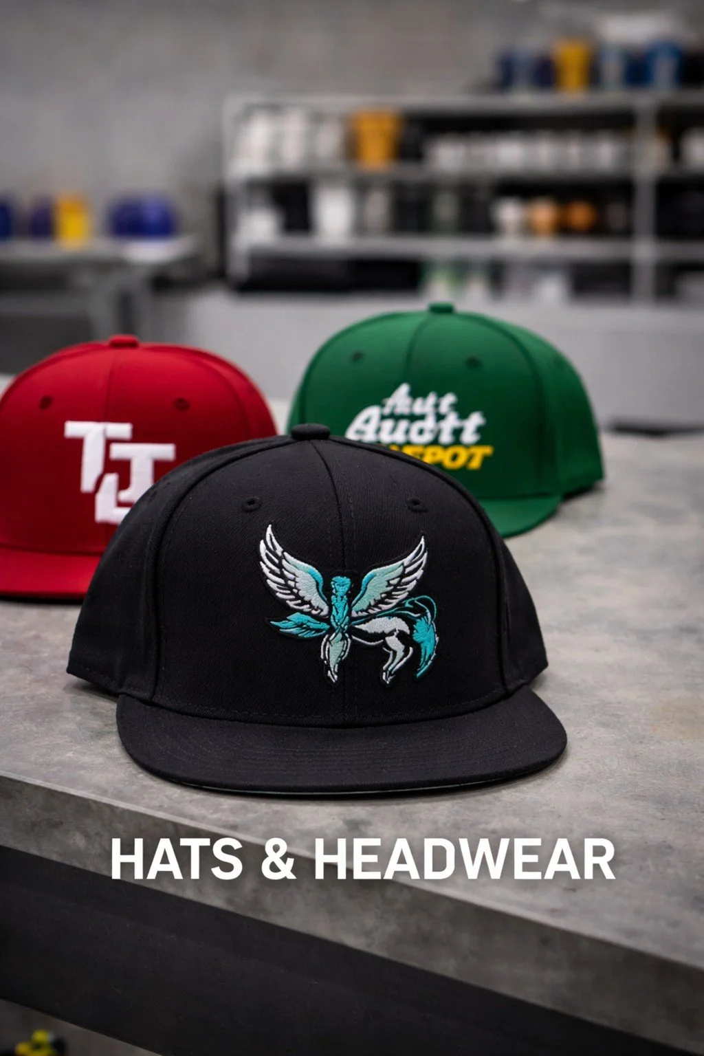 Three baseball caps on a table, black cap with a winged animal logo in front, red cap with white lettering, and green cap with white and yellow lettering, in a store with shelves in the background. Text reading 'Hats & Headwear' is overlaid.