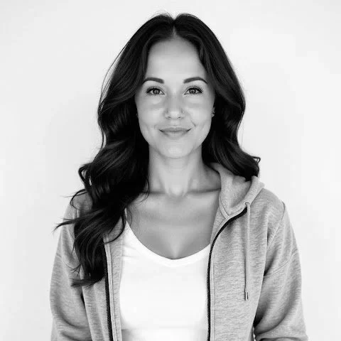 Black and white photo of a woman with long wavy hair, wearing a white top and a zip-up hoodie, smiling softly.
