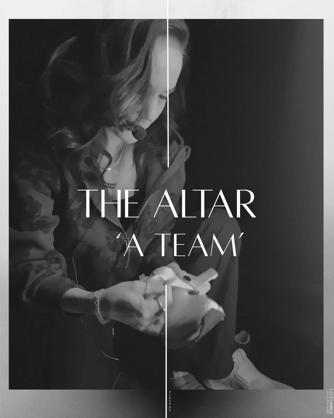 Black and white photo of a woman with wavy hair, wearing a camouflage jacket, looking down at her phone, with the text "The Altar - 'A Team'" overlaid.