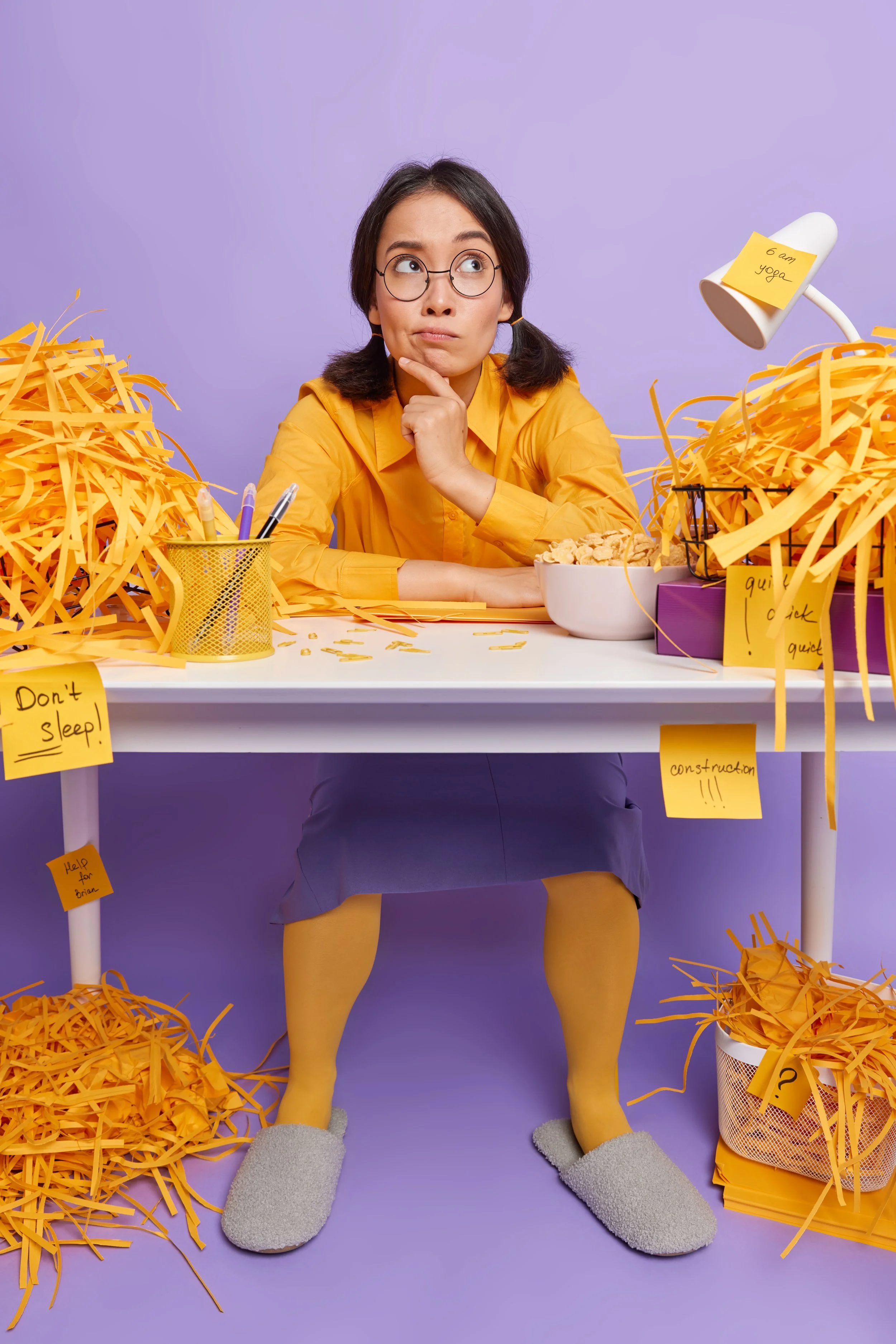 Woman sitting at desk surrounded by piles of shredded paper and post-it notes
