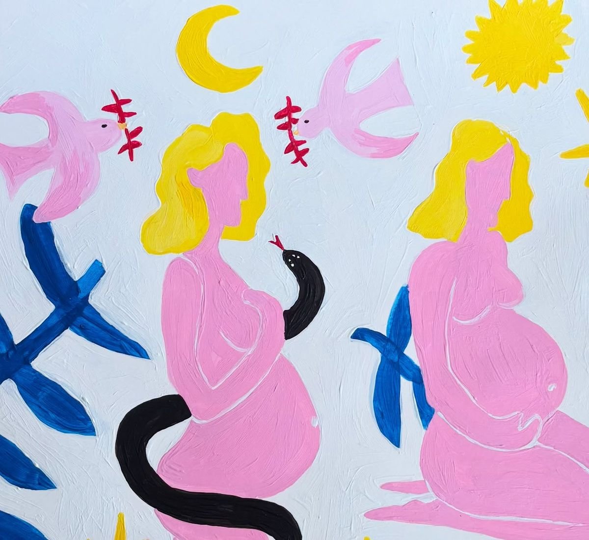 Painted mural featuring two women with blonde hair, pink skin, one with a black tail, surrounded by pink birds, yellow sun, moon, and blue leaves.
