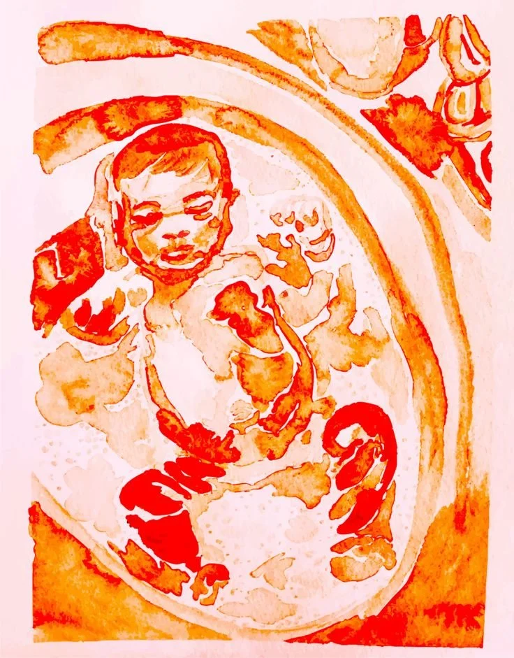 A watercolor painting of a baby with glasses lying in a circular crib or bed.