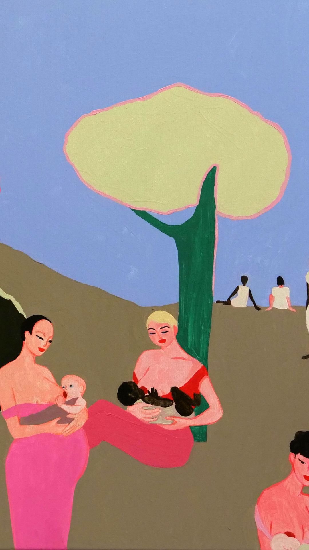 Painting of women with babies near a large tree on a hillside under a blue sky.