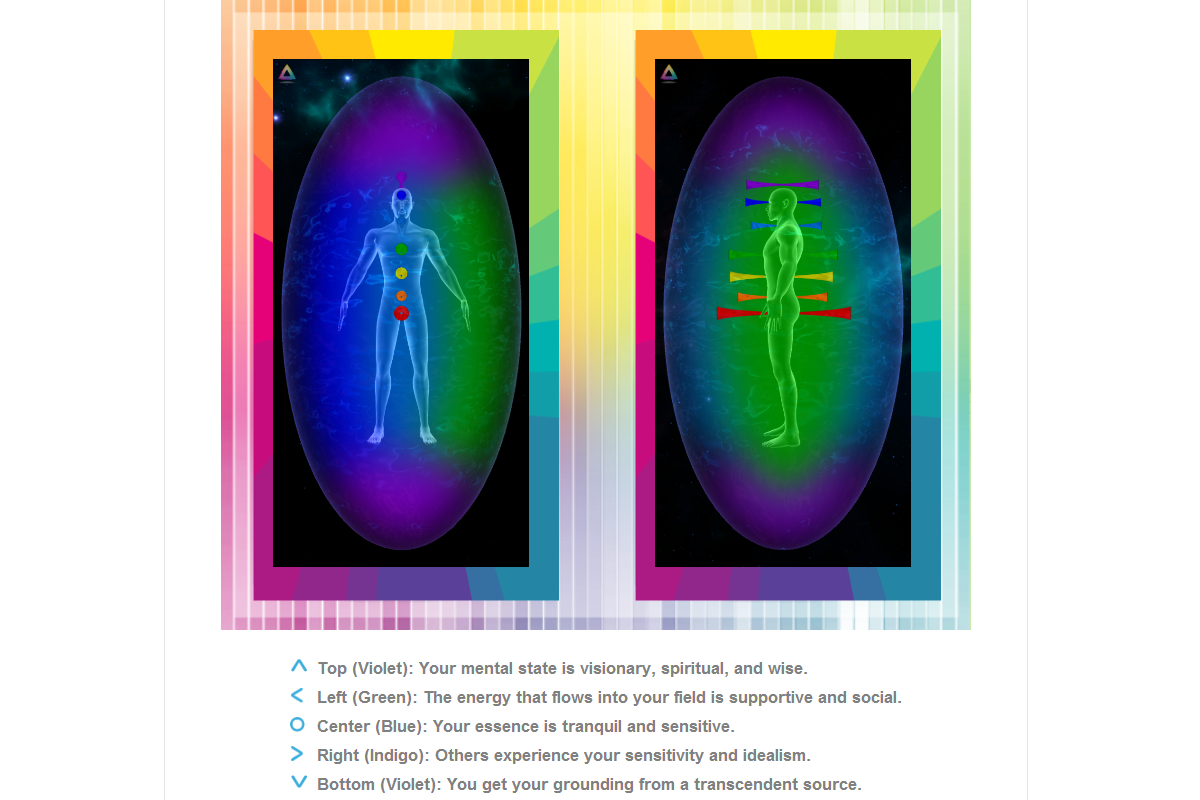Digital visualization of human aura energy fields with two oval-shaped diagrams, each displaying a human figure with colorful energy chakra levels points and bands representing different aspects of mental, emotional, and spiritual states.