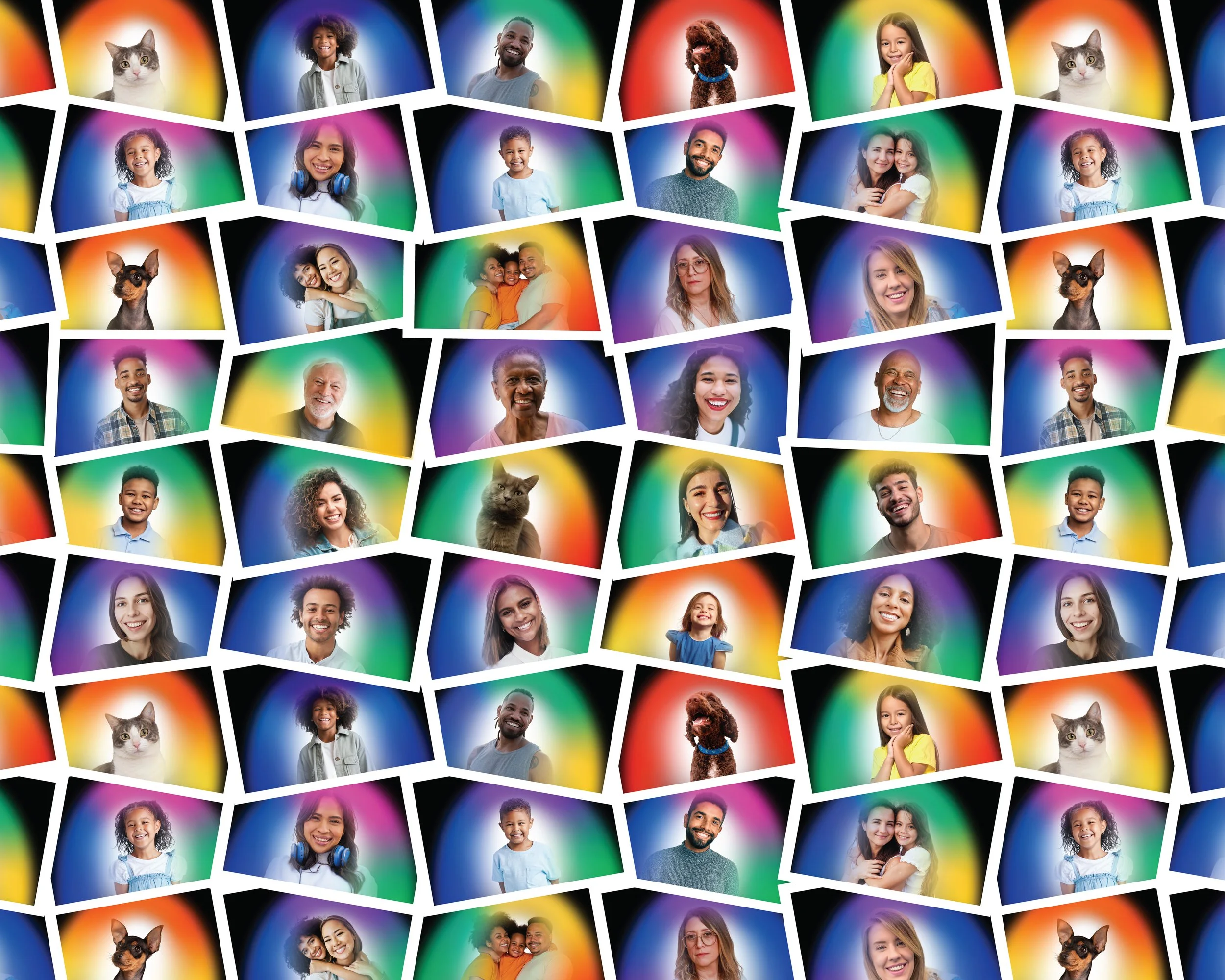A collage of various individual aura photos of people, children, adults, and pets with colorful rainbow backgrounds. The images are arranged in a scattered pattern with white borders.