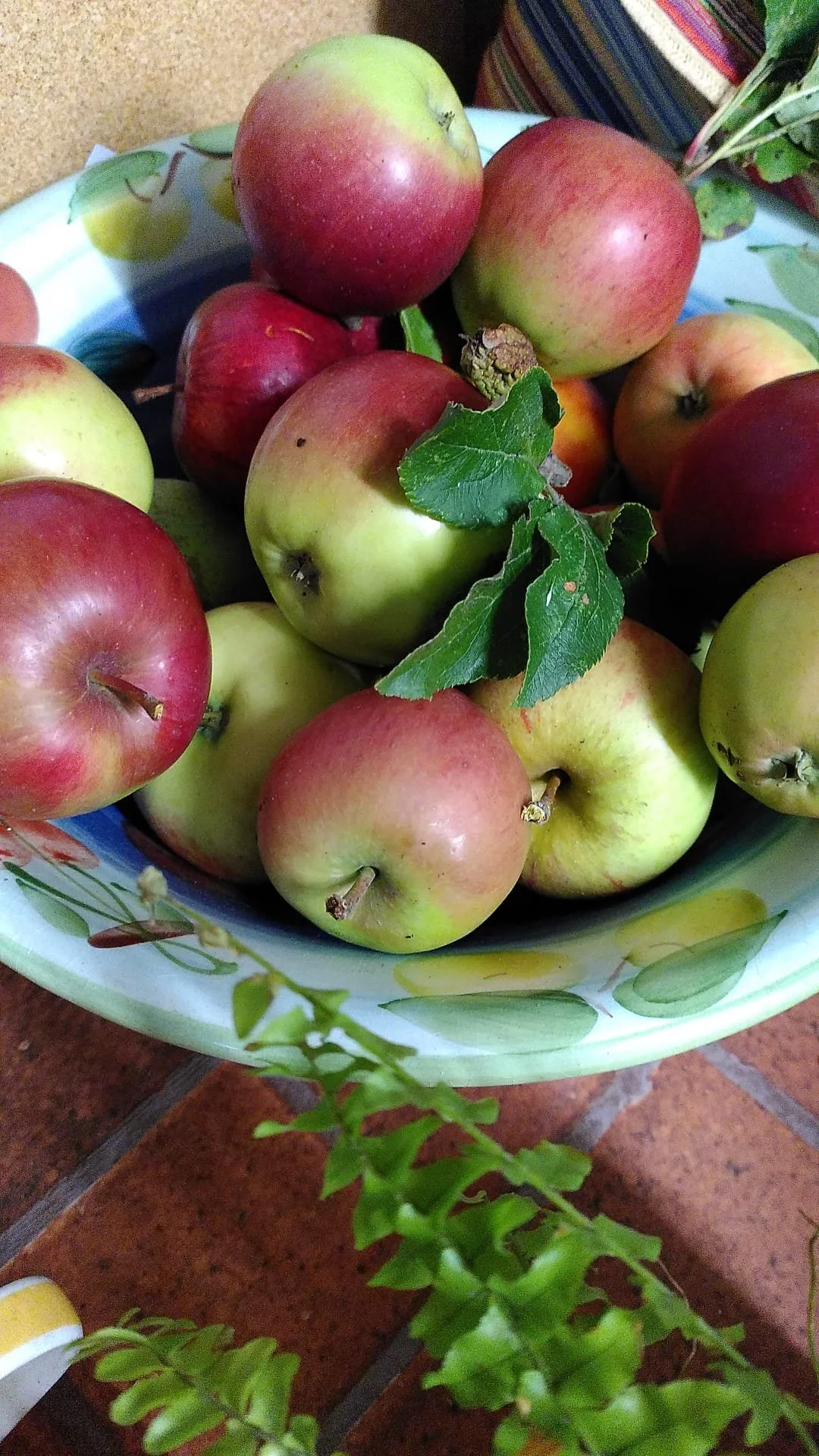 A bowl of mixed red and green apples with a leaf on top, placed on a wooden surface.