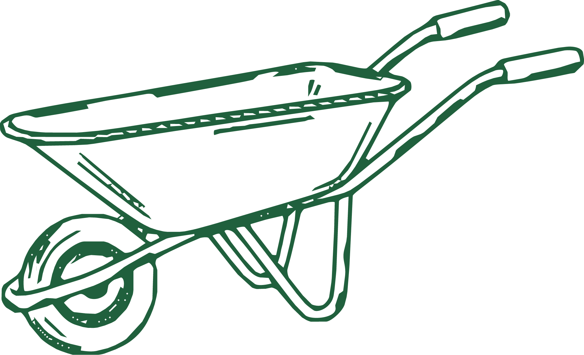Outline drawing of a wheelbarrow with a flat tray, two handles, and a single wheel at the front.