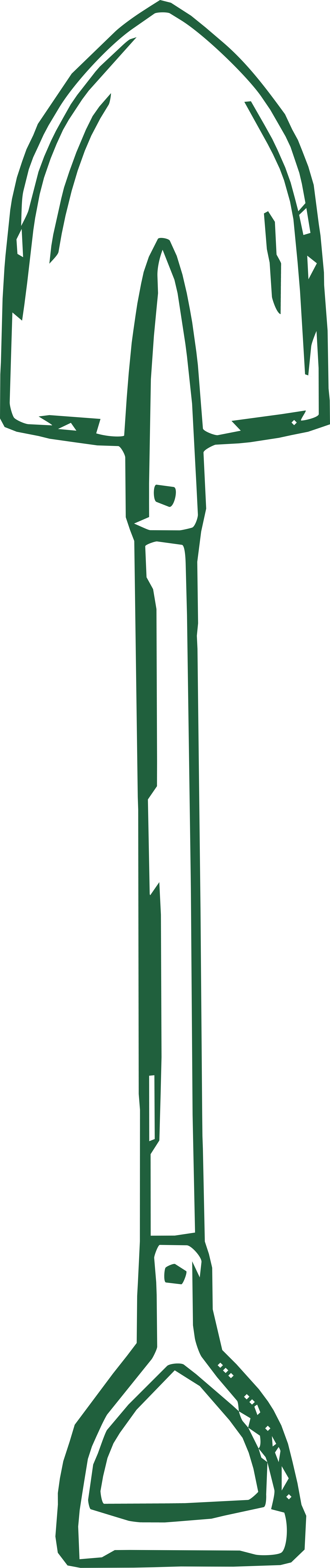 A line drawing of a trowel with a pointed metal working end and a handle, likely used for masonry or gardening.