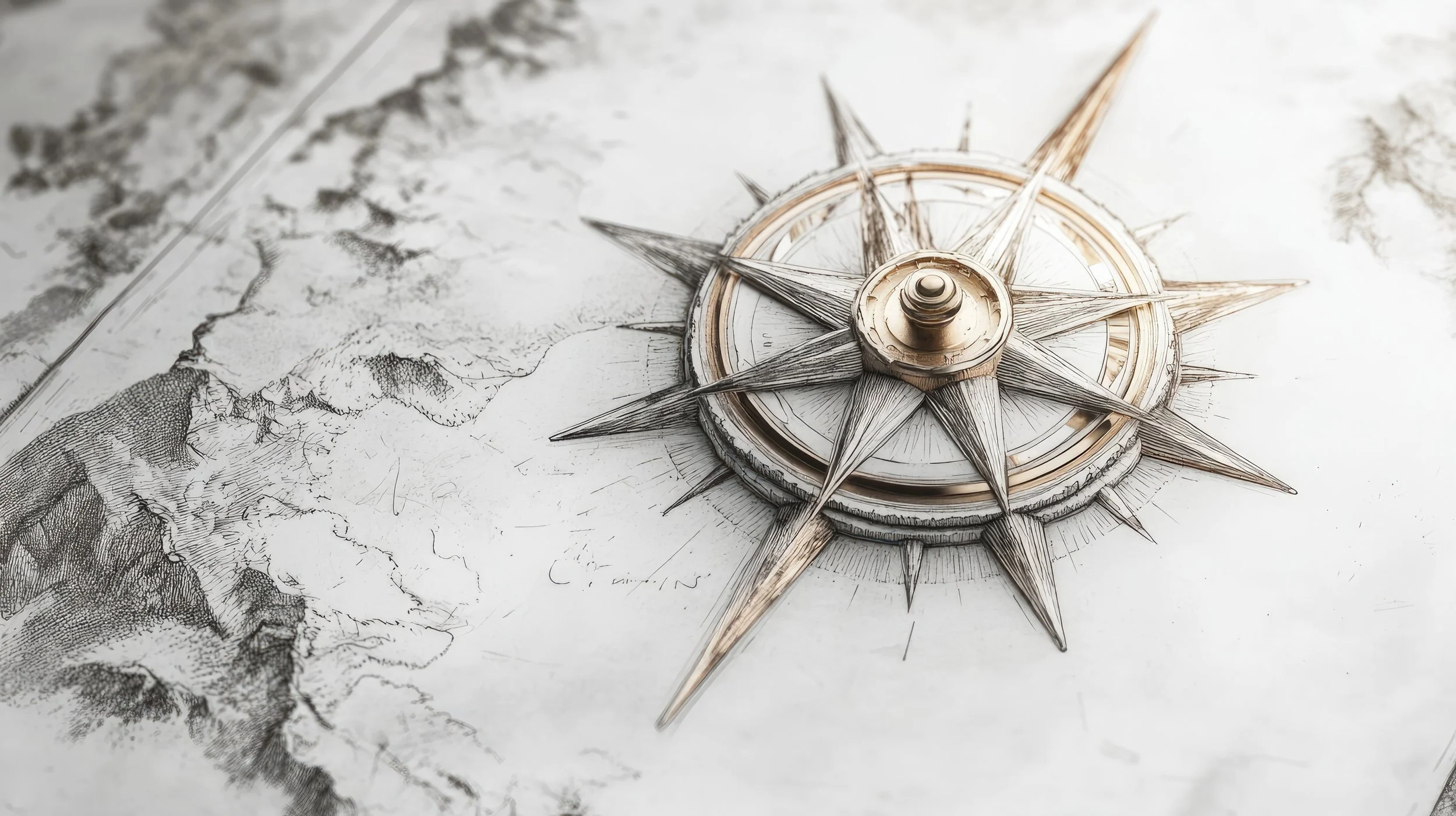A vintage brass compass placed on top of a hand-drawn map, highlighting exploration and navigation.