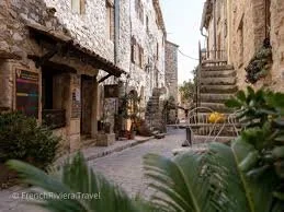 Narrow cobblestone street in Tourrettes-sur-Loup with historic stone houses, steps, and village greenery.
