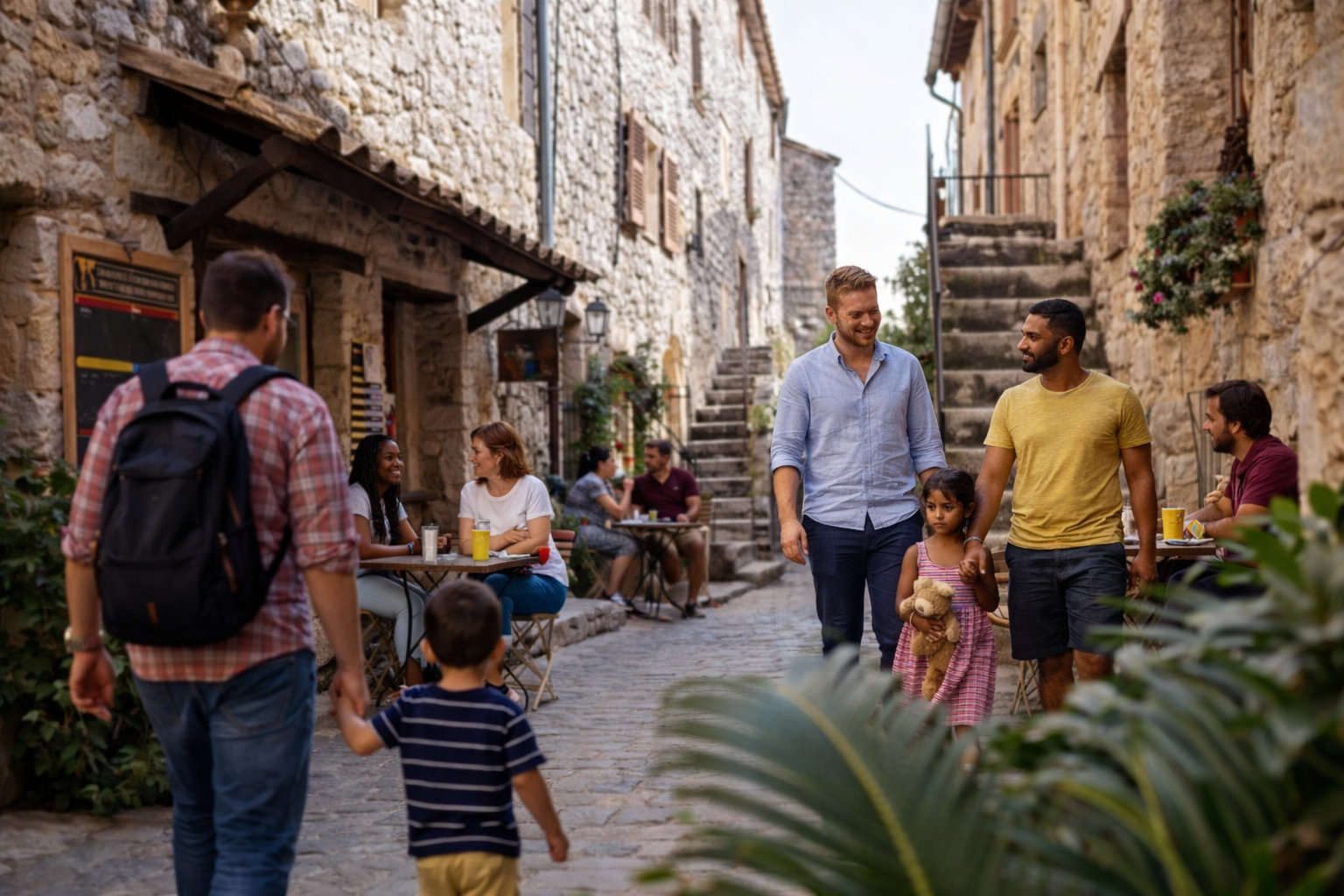 Residents and visitors walking and sitting at café tables on a cobblestone street in Tourrettes-sur-Loup village center.