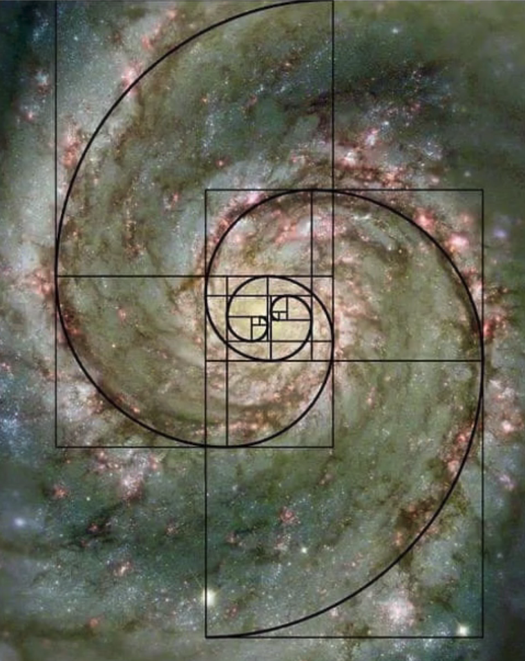 Image of a galaxy overlaid with Fibonacci spiral and golden ratio lines.