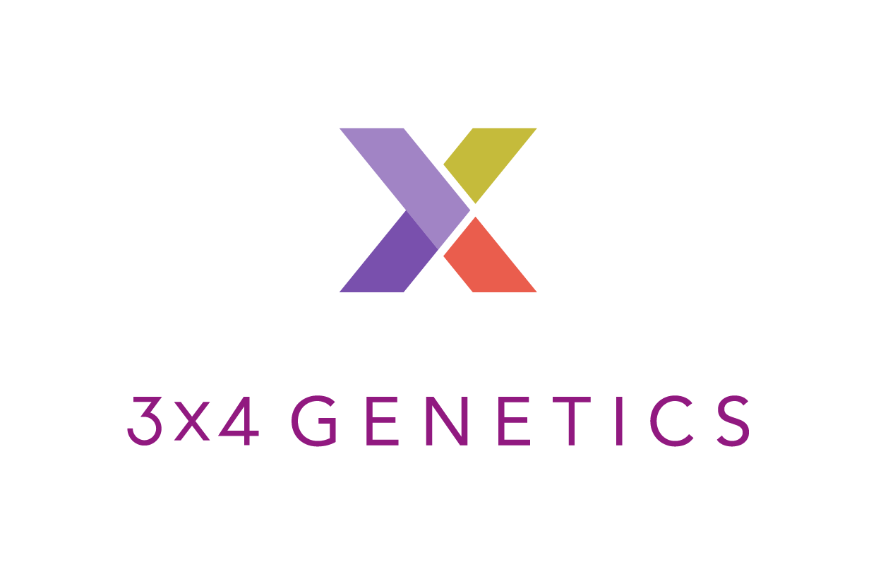 Logo with geometric shapes and the text '3X4 GENETICS' in purple.