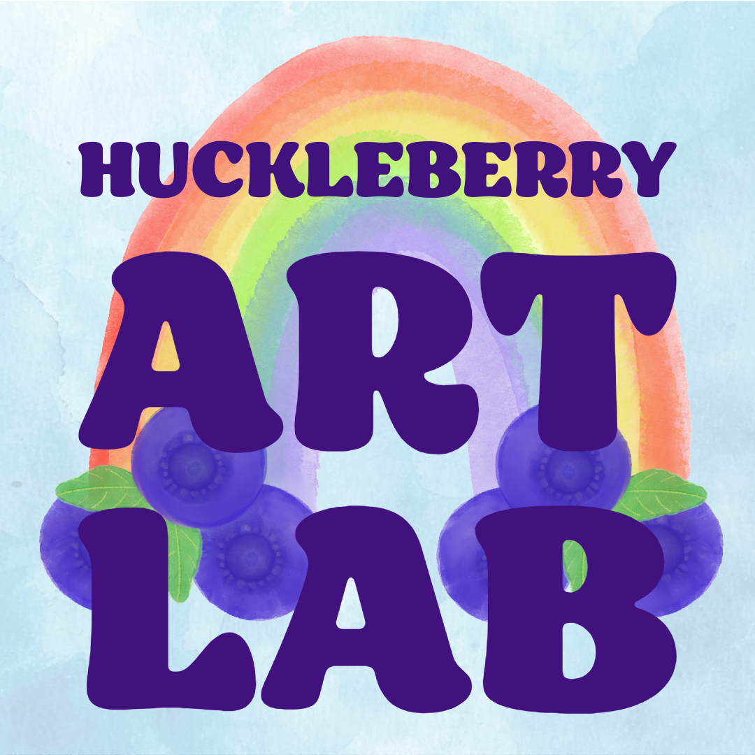 Colorful watercolor background with a rainbow and blueberries, featuring bold purple text that says "Huckleberry Art Lab."