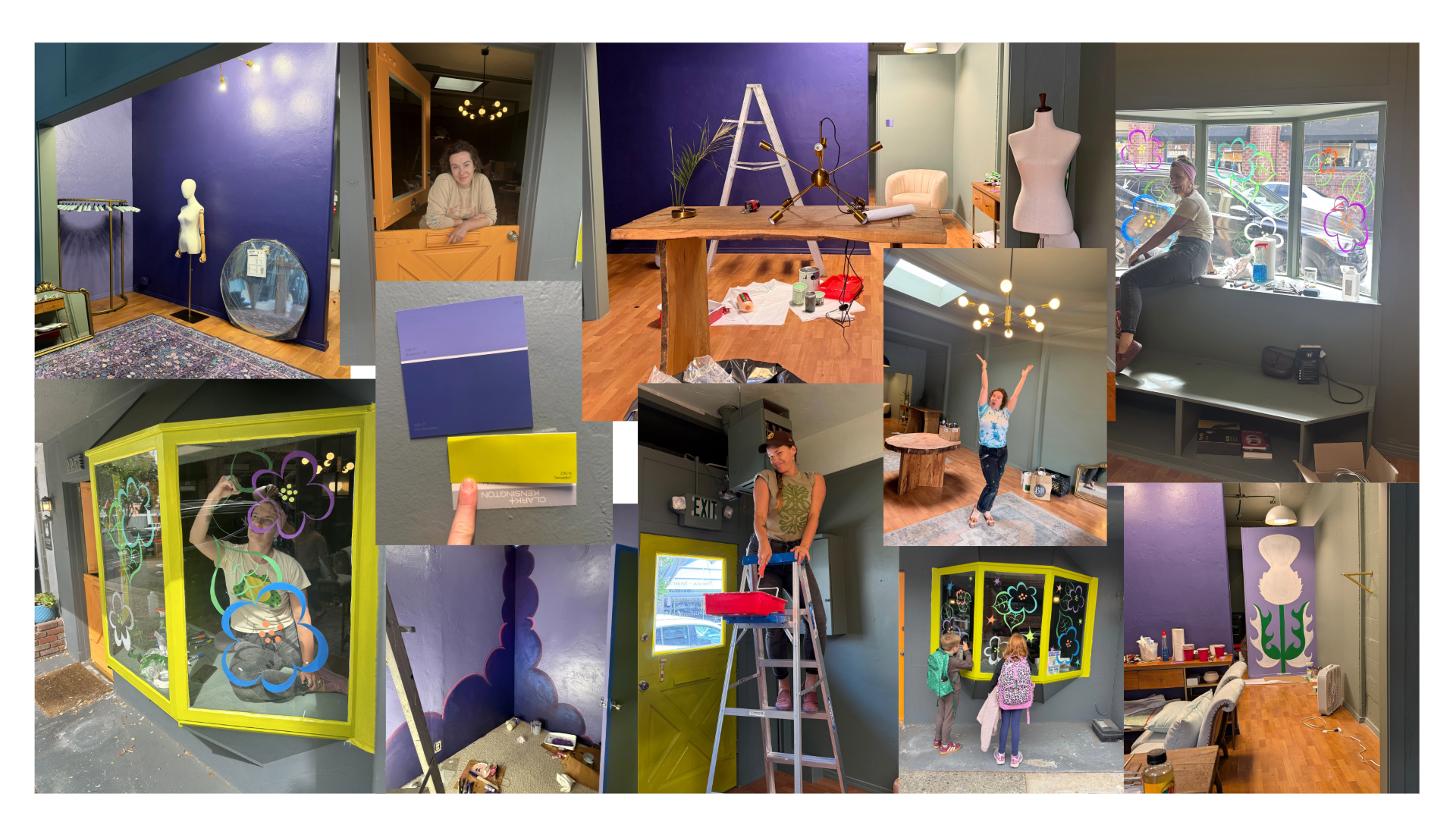 Collage of photos showing people decorating and organizing a colorful indoor space, including painting walls, hanging art, arranging furniture, and creating window artwork.