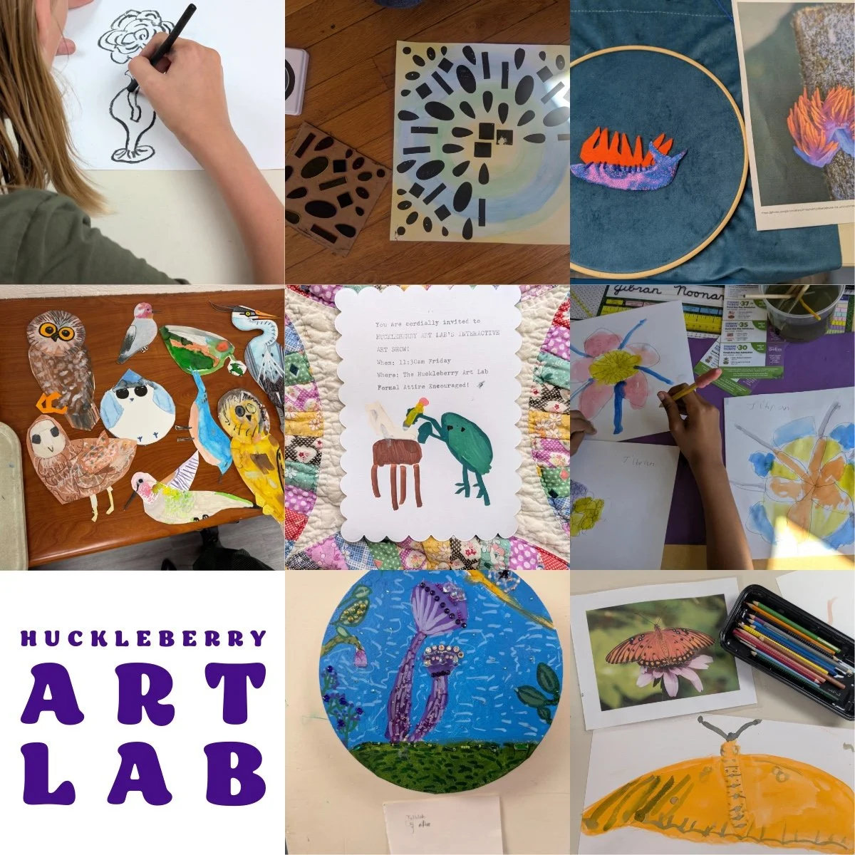 Collage of images showing children's art projects at Huckleberry Art Lab, including drawings, paintings, cut-out animal and nature illustrations, an invitation to an art show, and craft supplies.