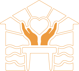 Stylized line drawing of hands holding a heart, with a house and water elements in the background.