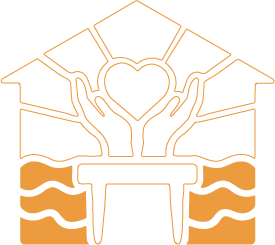 Outline of two hands holding a heart with a square base, surrounded by a house structure and wavy lines indicating water.