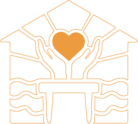 Outline of hands holding a heart with radiating lines and a cross underneath, symbolizing care and love.