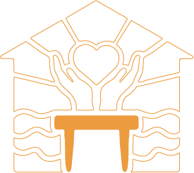 Line drawing of two hands forming a heart shape, with stylized rays emanating from the heart and a house outline above, symbolizing love, care, and home.