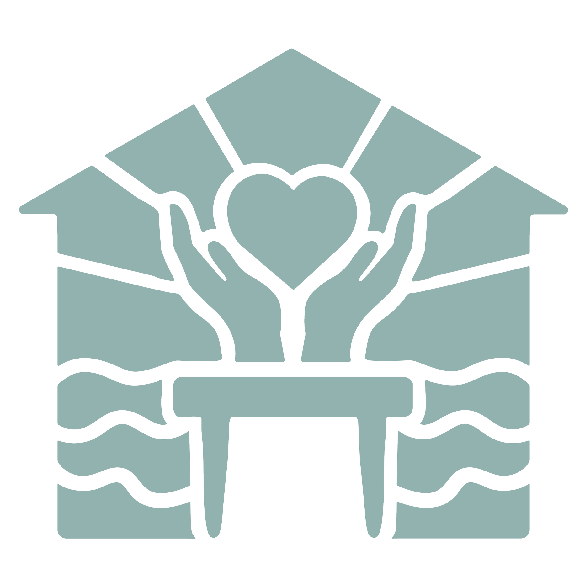 Illustration of a pair of hands holding a heart inside a house outline with a roof, representing community care and compassion.