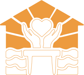 Two hands holding a heart with radiating lines above a table, against an orange background.