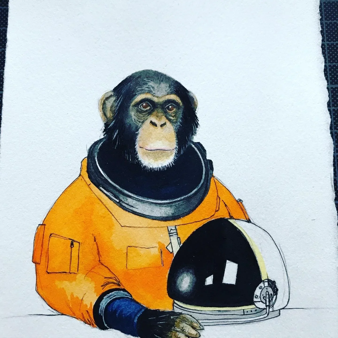 A watercolor illustration of a chimpanzee wearing an orange astronaut suit and holding a helmet, with a plain white background.