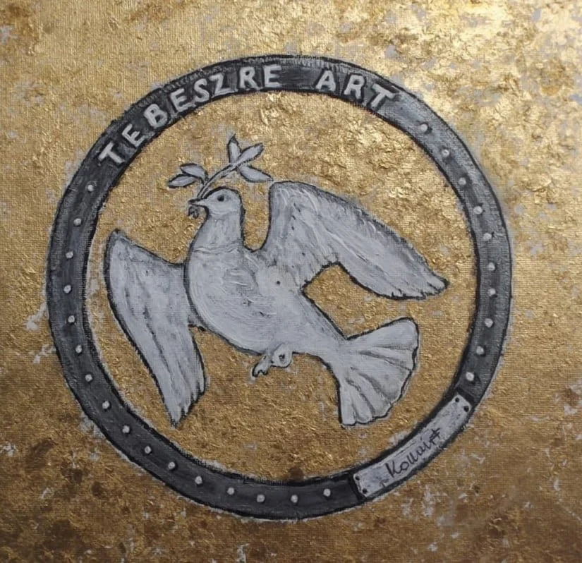A painted circular emblem featuring a dove holding an olive branch in its beak, set against a gold background. The circle is outlined in black with the words "TEBESZRE ART".