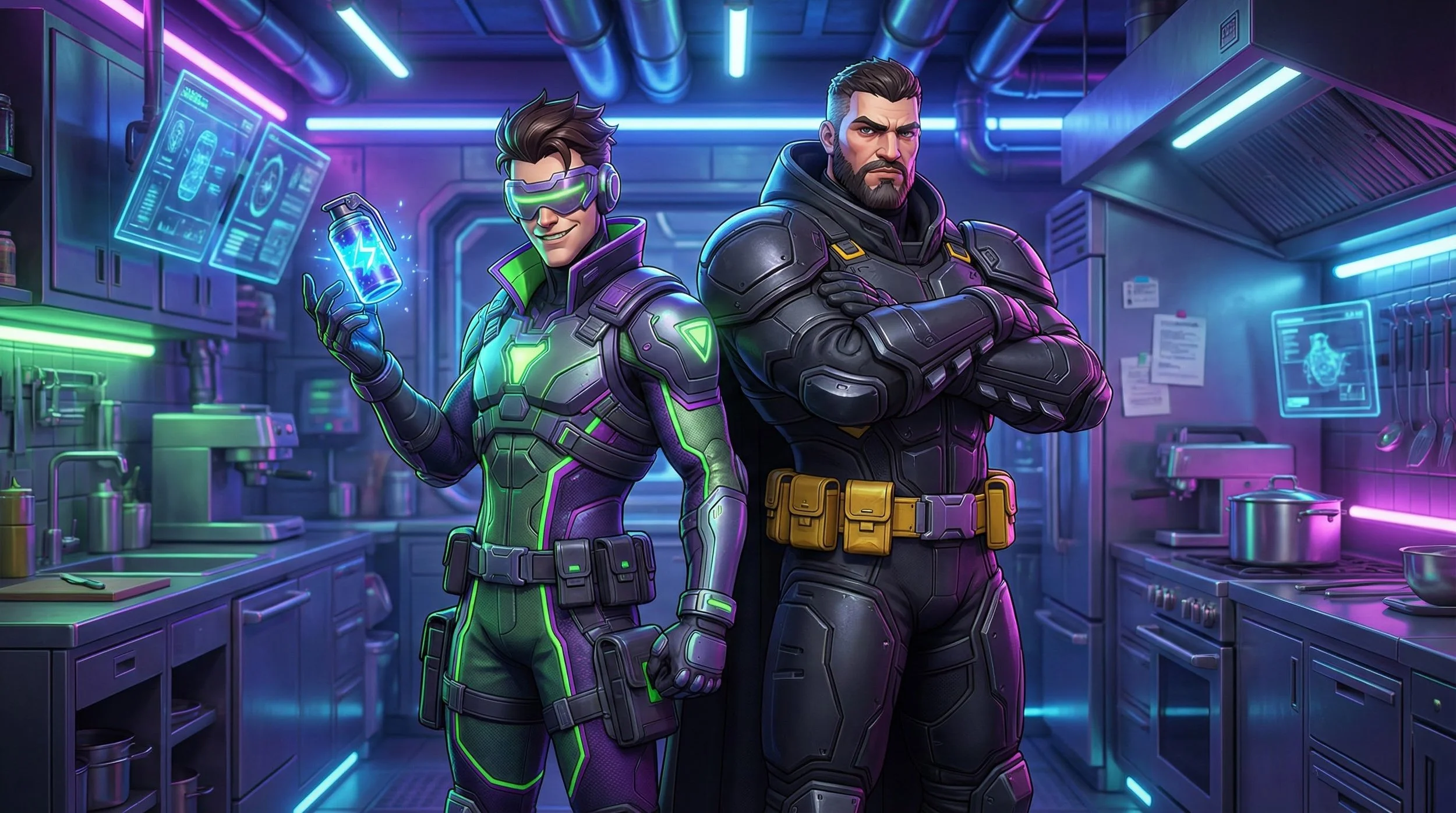 Two male characters in futuristic military or sci-fi suits inside a high-tech kitchen or laboratory with glowing screens and advanced equipment.