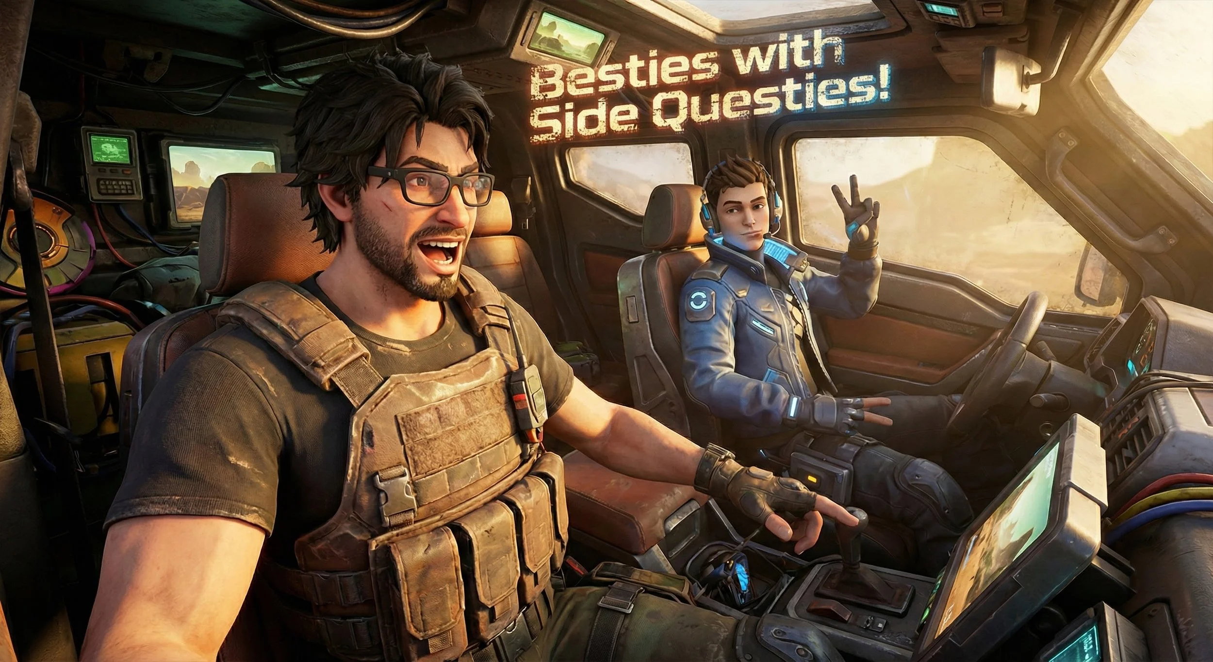 Two animated characters inside a futuristic vehicle, one with glasses and combat gear speaking excitedly, the other in a blue uniform making peace signs, with the text "Besties with Side Quests!" in the background.