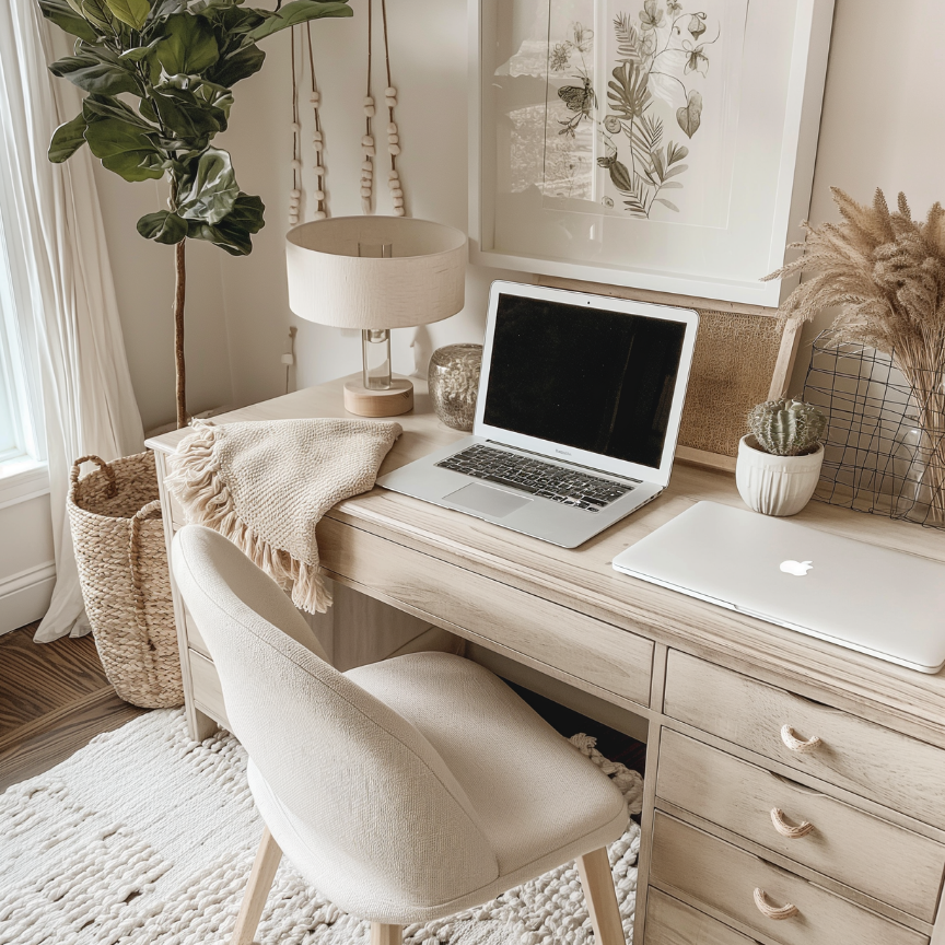 A cozy home office with a light wood desk, a beige upholstered chair, a potted plant, a lamp, a laptop, and decorative art on the wall.