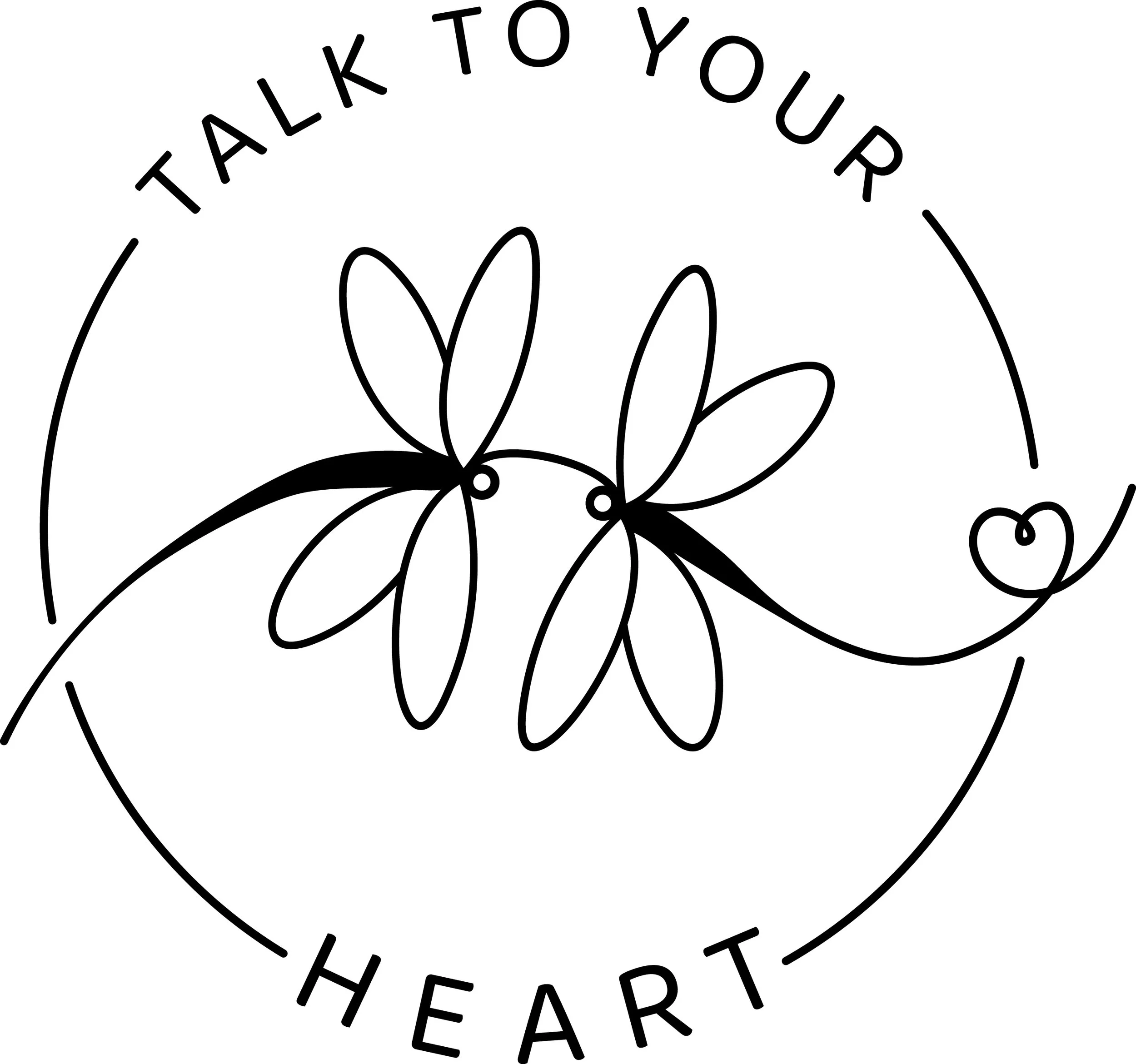 Schwarz-weiß Linienzeichnung eines Herzens mit Blumen und Herzsymbol, umgeben von dem Satz »Talk to your heart«.