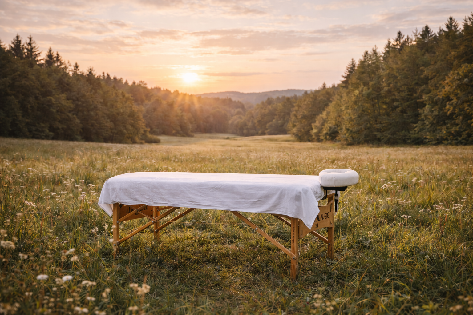 Ein Massagetisch auf einer Wiese mit Bäumen im Hintergrund bei Sonnenuntergang.