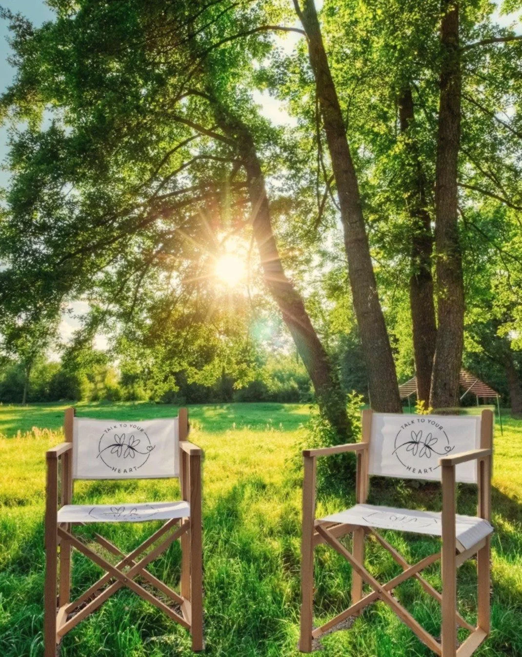 Zwei Holzstühle mit weißen Sitzkissen und Rückenlehnen, auf denen steht 'Talk to your heart', stehen auf einem grasbewachsenen Feld im Sonnenlicht, umgeben von Bäumen.