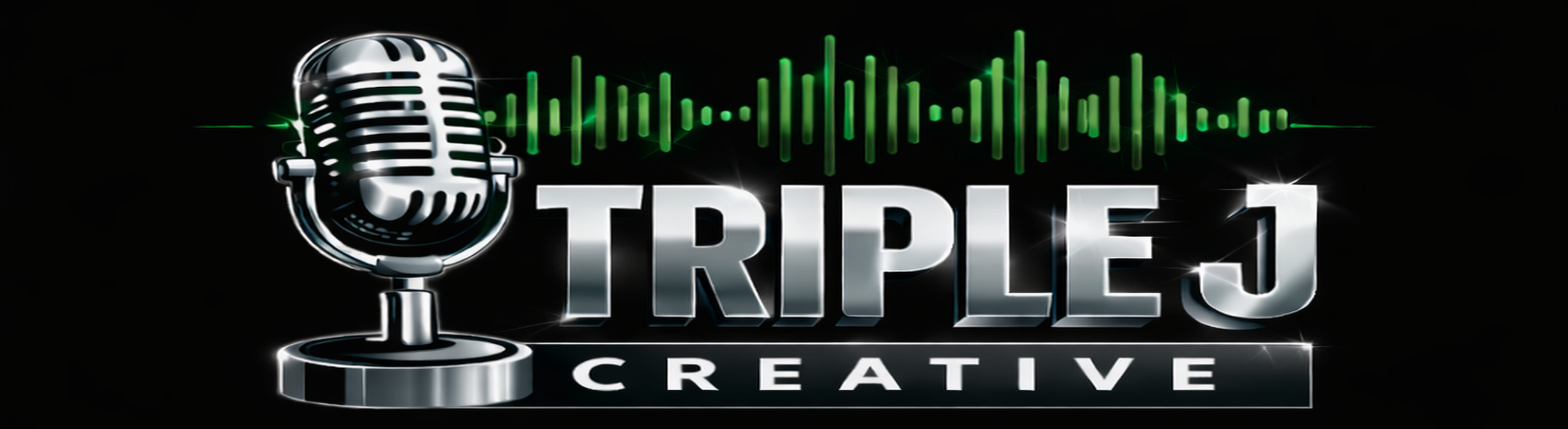 Logo with a vintage microphone, green audio waveforms, and the text 'TRIPLE J CREATIVE' in metallic letters on a black background.