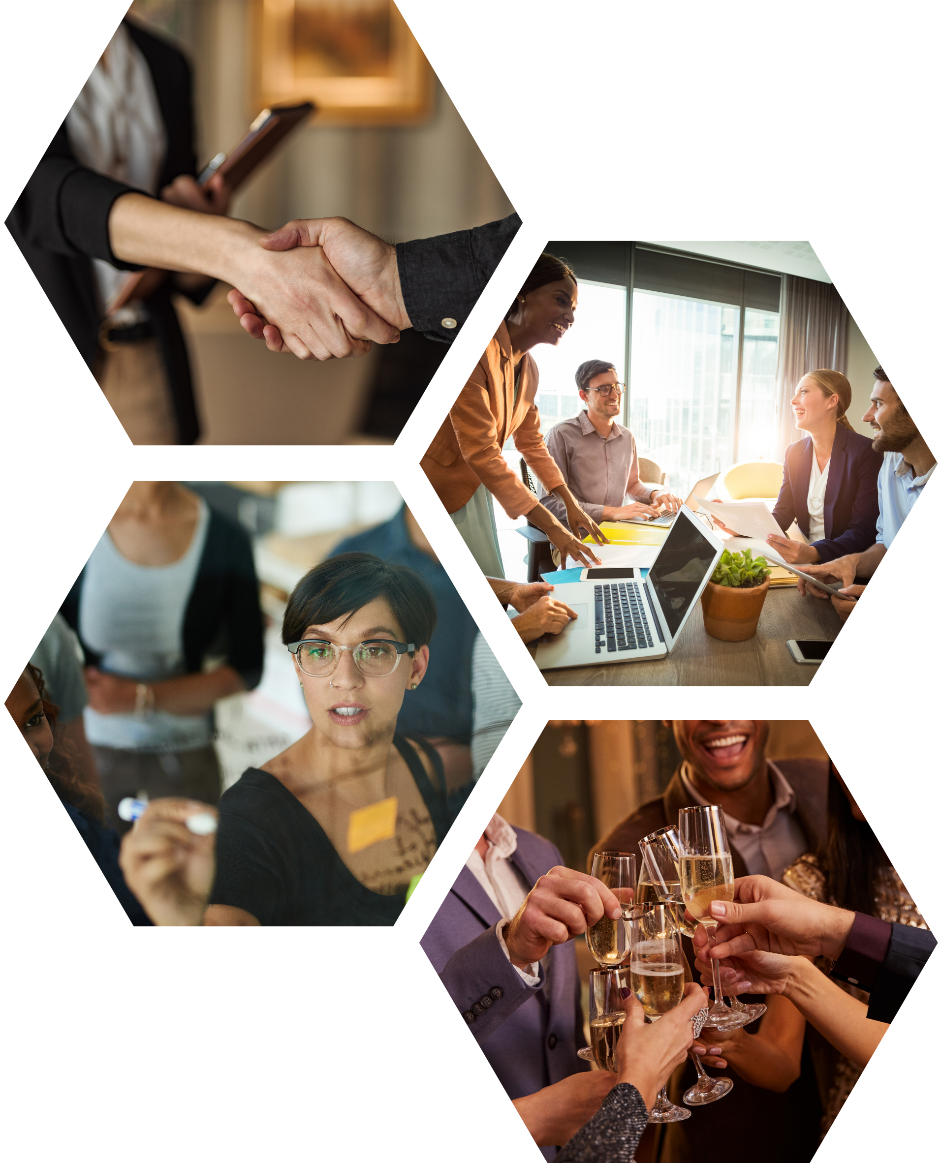Collage of business scenes: handshake, team meeting in conference room, woman writing on transparent board, celebrating with champagne.