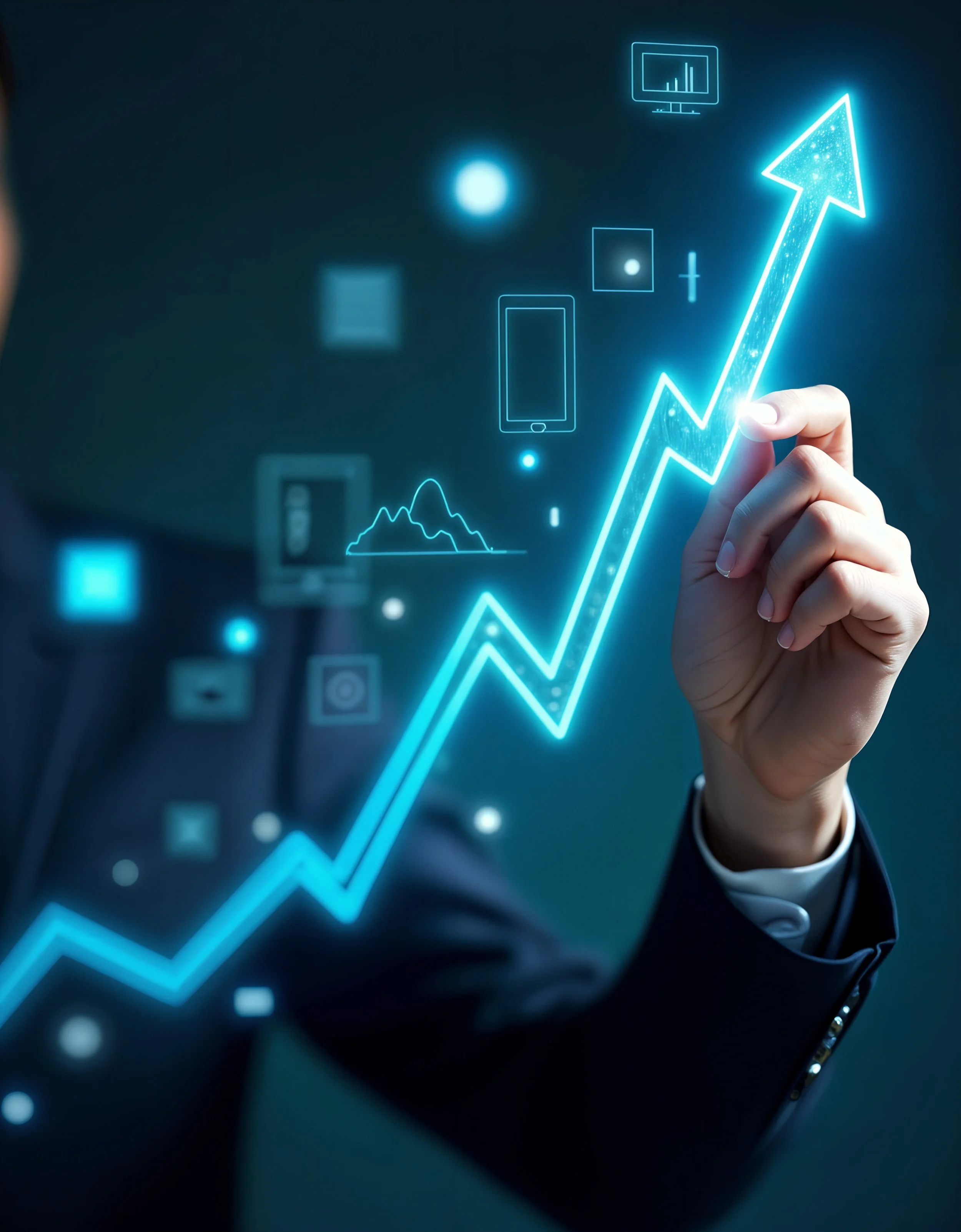 A person in business attire drawing an upward trending arrow on a transparent screen with digital icons and graphs in the background.