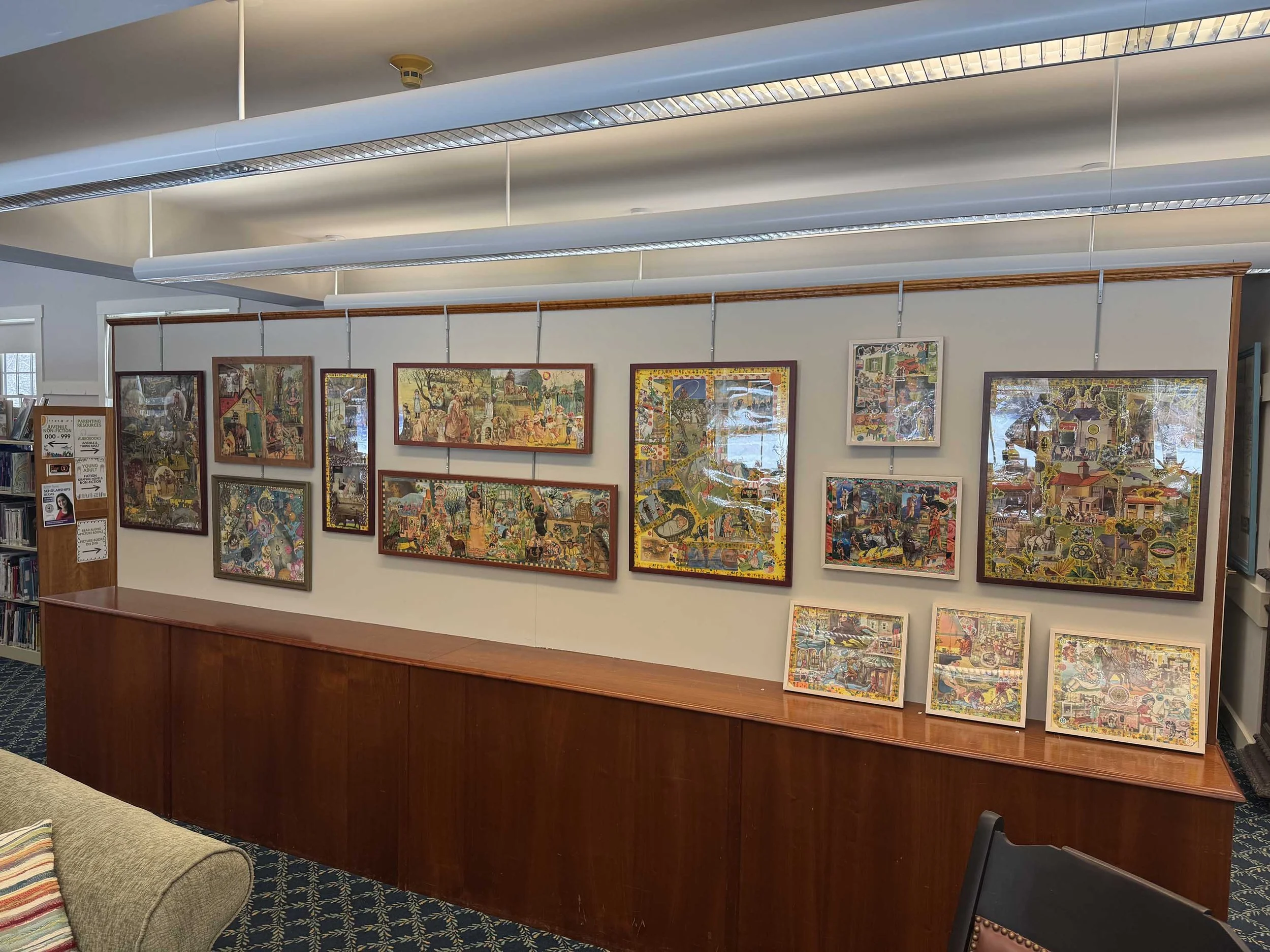 Laura Chester's collage artwork on exhibit in Sheffield, MA (left view)