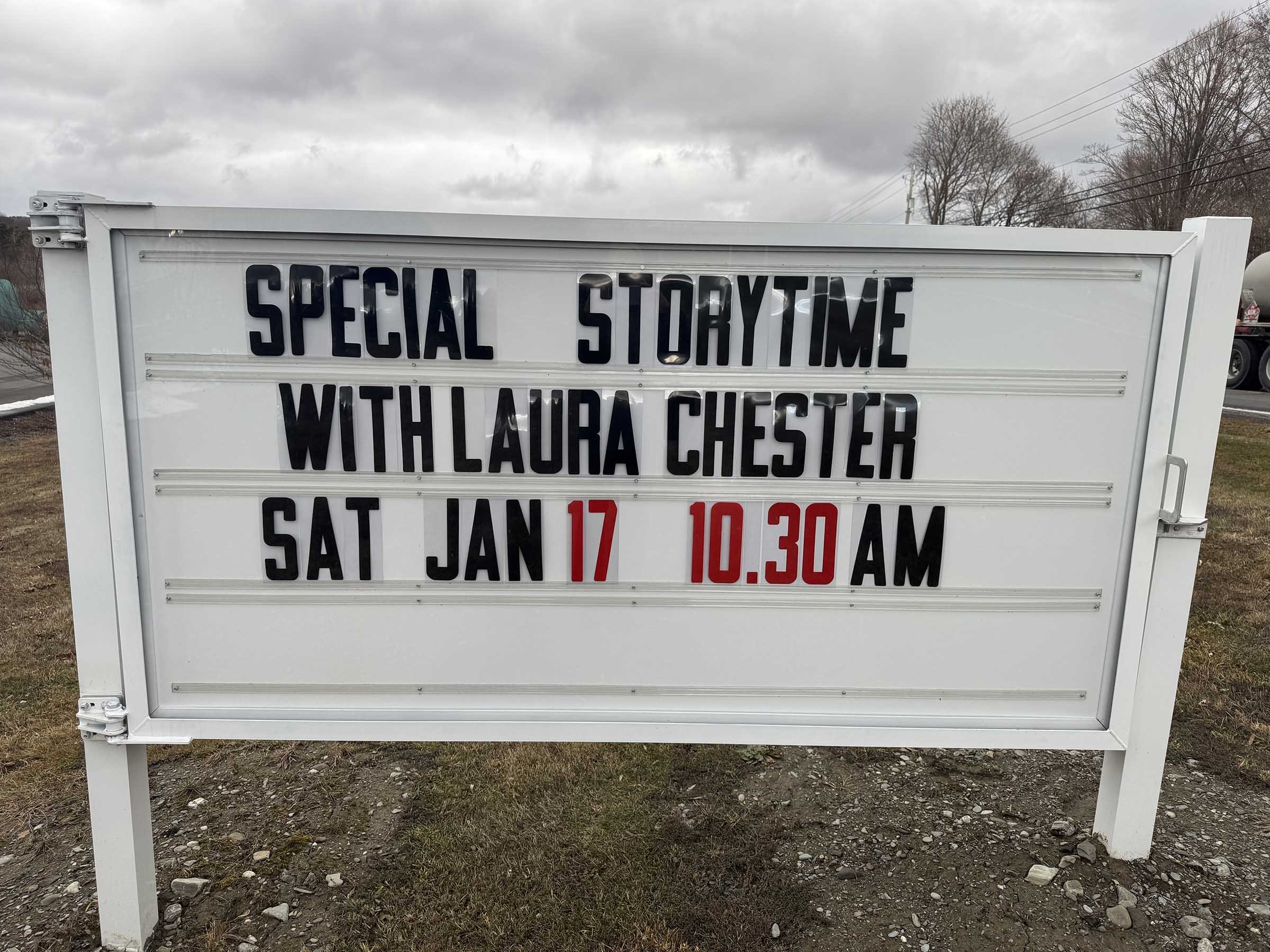 Sign announcing "Special Storytime with Laura Chester"