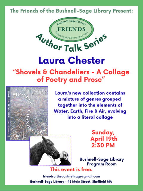 4.19.2026 Reading poster for Laura Chester at the Bushnell-Sage Library