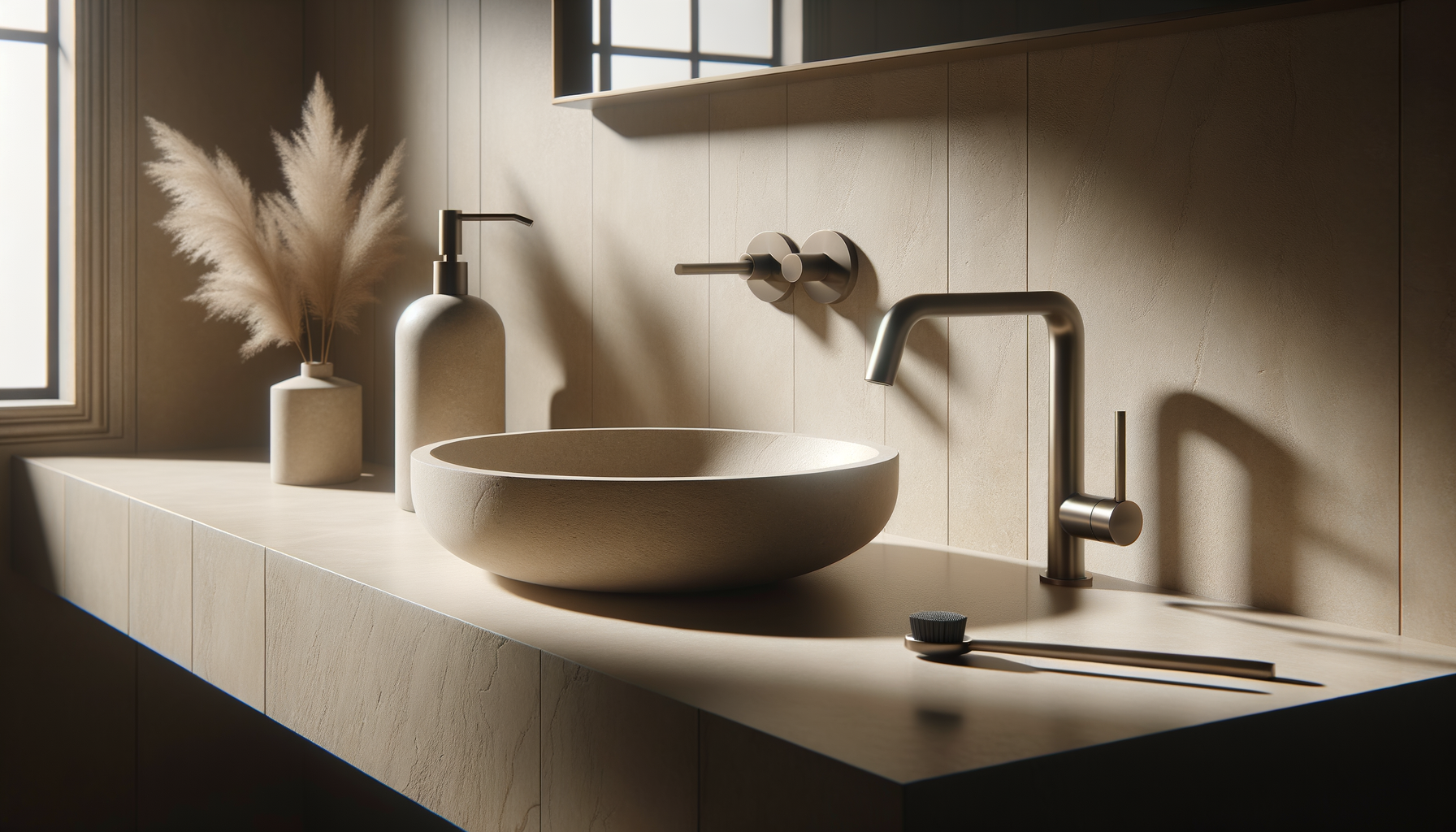 Minimalist bathroom sink with beige countertop, beige vessel sink, brass faucet, decorative beige bottles, a black and beige brush, and dried pampas grass in a vase, sunlight streaming through a window.