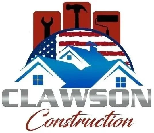Logo for Clawson Construction featuring houses, American flag, and construction tools including a wrench, hammer, and paint roller.