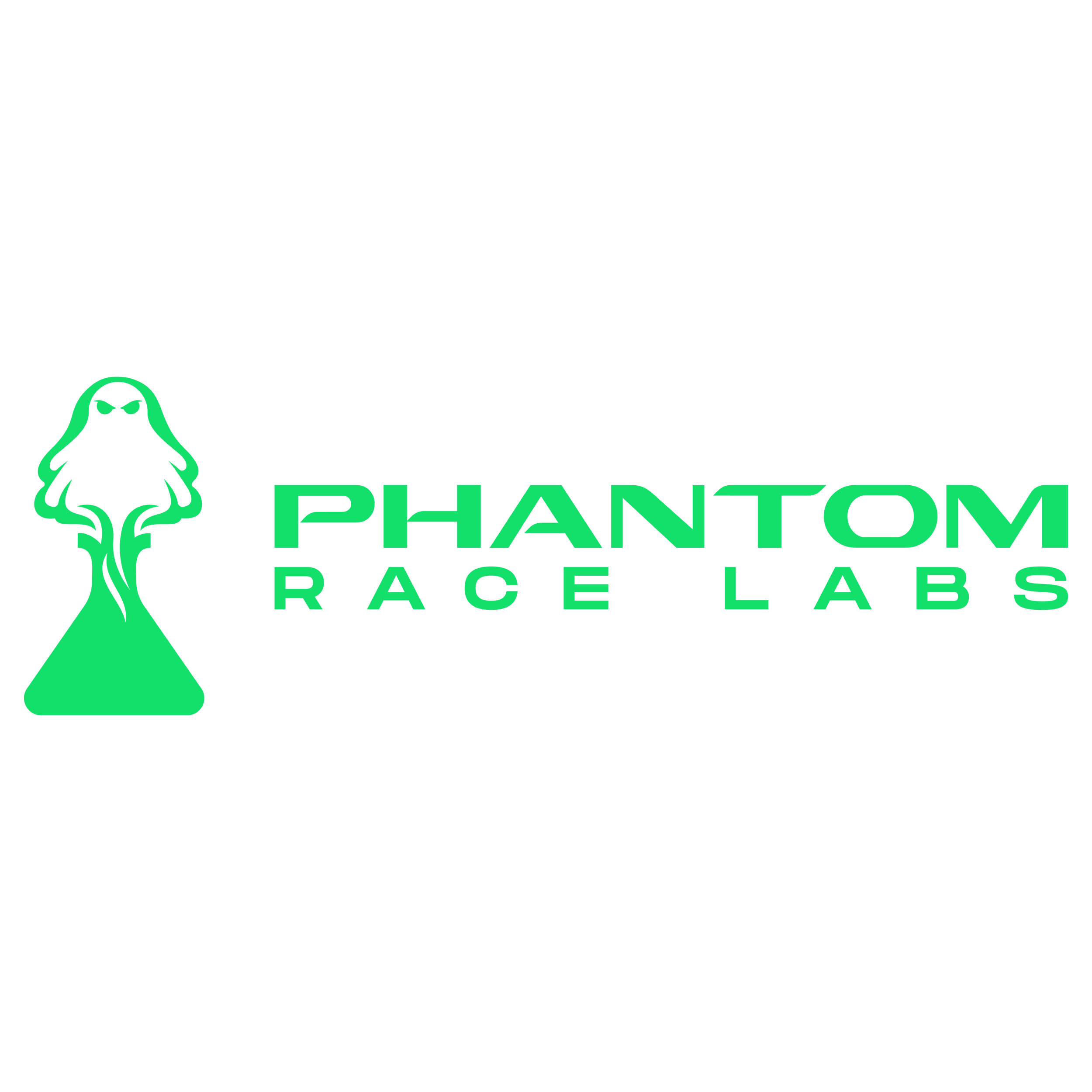 Black background with green text and logo for Phantom Race Labs, featuring a stylized ghost character and the company name.