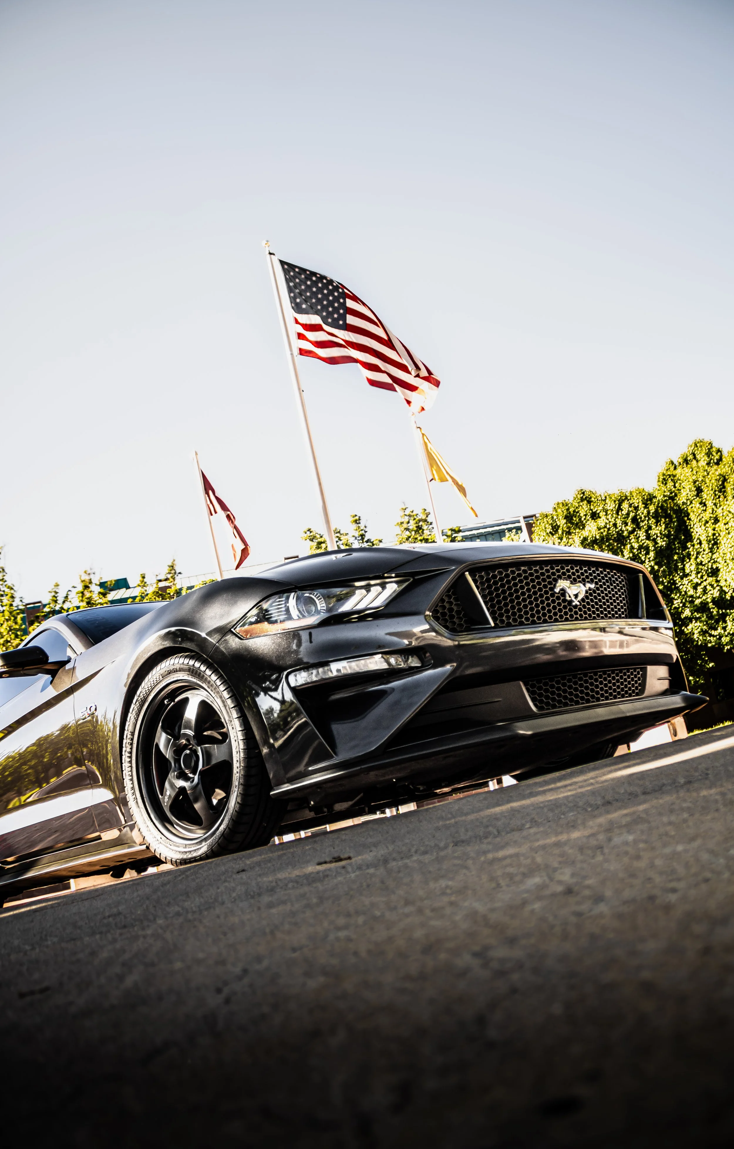 A black sports car parked on the street with four American flags on flagpoles in the background, and trees along the sidewalk.