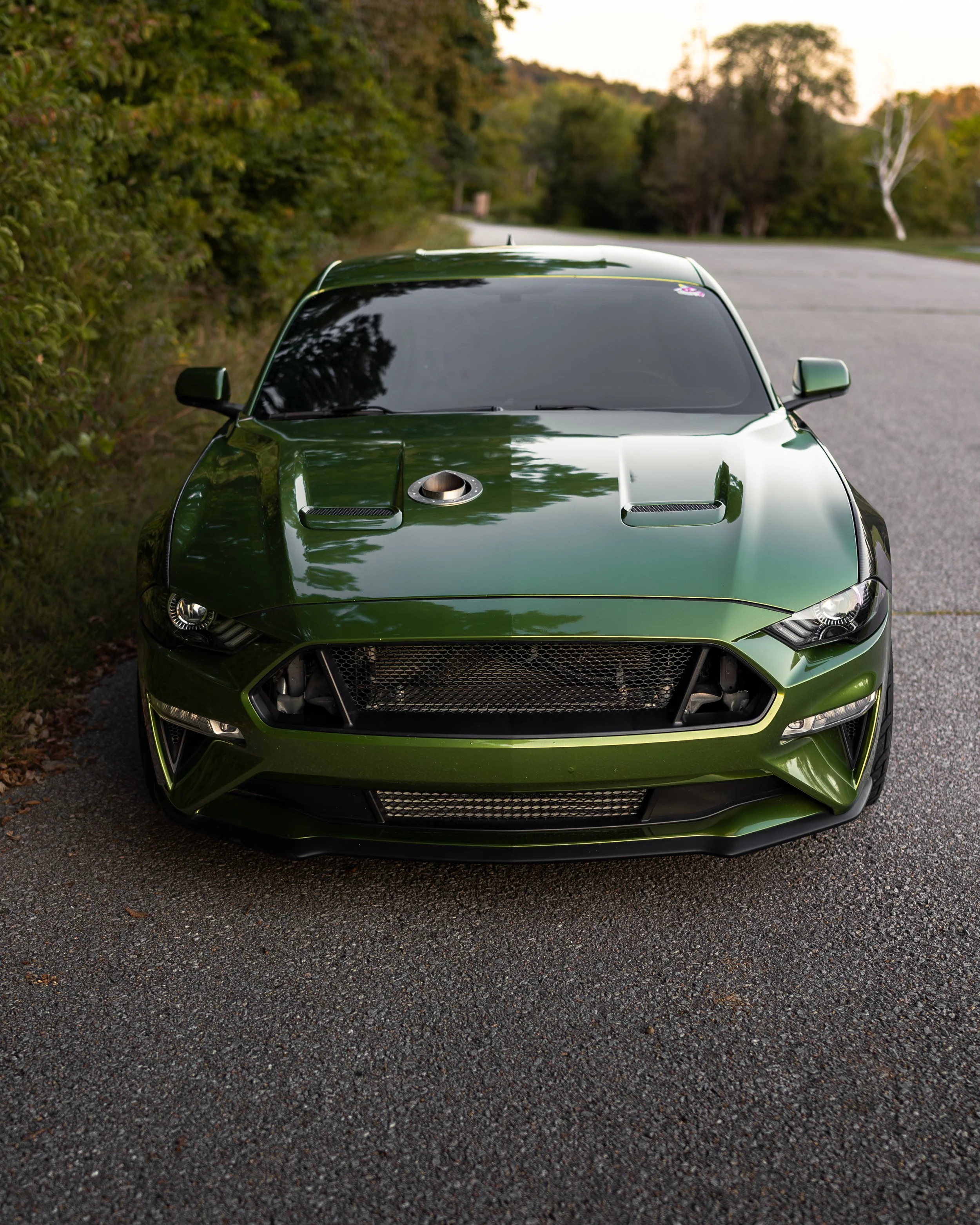 Front view of a green sports car parked on a gravel surface beside a wooded area during sunset.